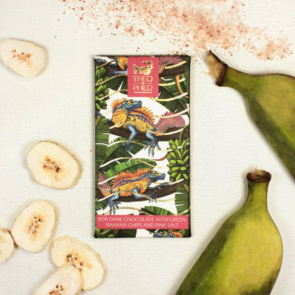 Theo and Philo 60% Dark Chocolate with Green Banana Chips & Pink Salt